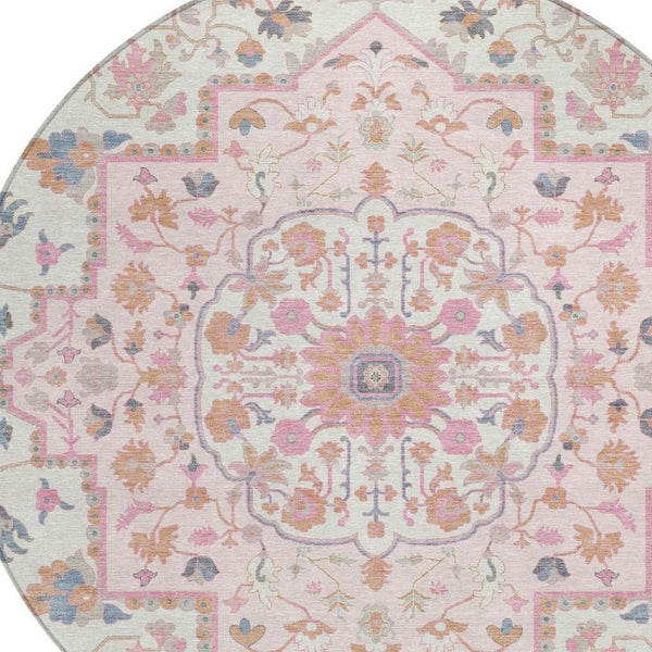 8 Foot Round Oriental Polyester Area Rug Washable Pink Gray Indoor Outdoor