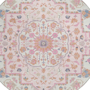 8 Foot Round Oriental Polyester Area Rug Washable Pink Gray Indoor Outdoor