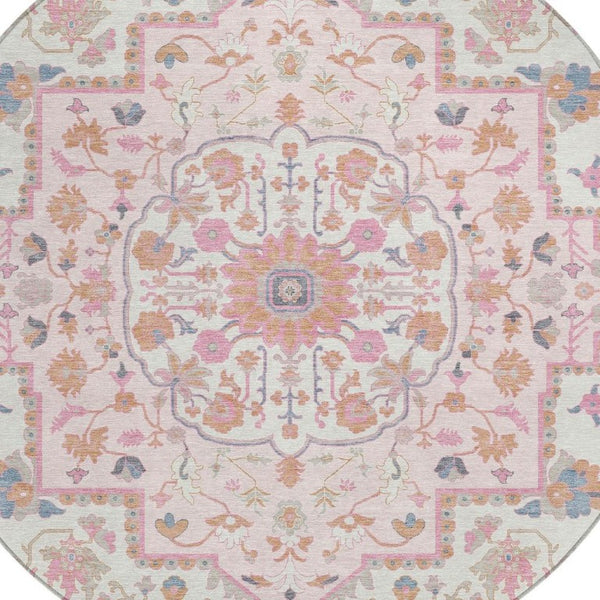 8 Foot Round Oriental Polyester Area Rug Washable Pink Gray Indoor Outdoor