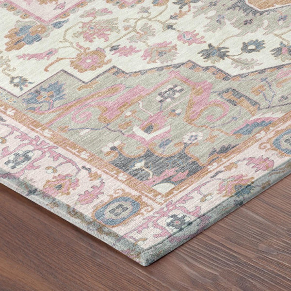 8 Foot Round Oriental Polyester Area Rug Washable Pink Gray Indoor Outdoor
