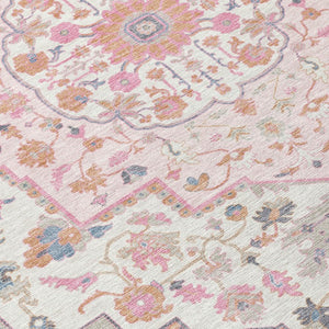 8 Foot Round Oriental Polyester Area Rug Washable Pink Gray Indoor Outdoor