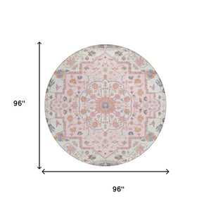 8 Foot Round Oriental Polyester Area Rug Washable Pink Gray Indoor Outdoor