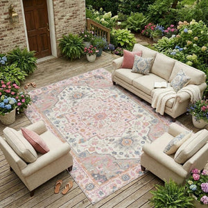 9x12 Oriental Polyester Area Rug Washable Stain Resistant Pink Gray Indoor Outdoor