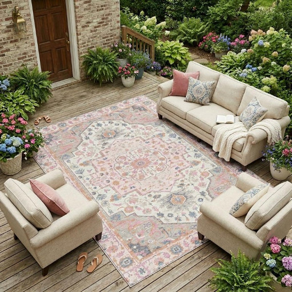9x12 Oriental Polyester Area Rug Washable Stain Resistant Pink Gray Indoor Outdoor