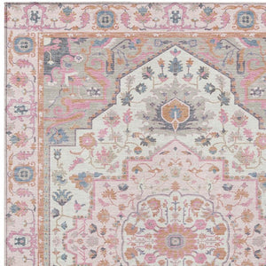 9x12 Oriental Polyester Area Rug Washable Stain Resistant Pink Gray Indoor Outdoor