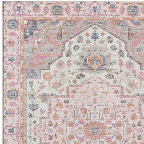 9x12 Oriental Polyester Area Rug Washable Stain Resistant Pink Gray Indoor Outdoor