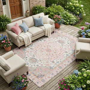 10 X 14 Pink Gray Oriental Polyester Area Rug Washable for Indoor Outdoor Use