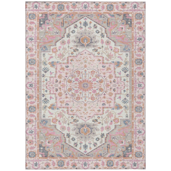 HomeRoots 10 X 14 Pink Gray Oriental Polyester Area Rug Washable for Indoor Outdoor Use 736059