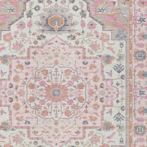 10 X 14 Pink Gray Oriental Polyester Area Rug Washable for Indoor Outdoor Use