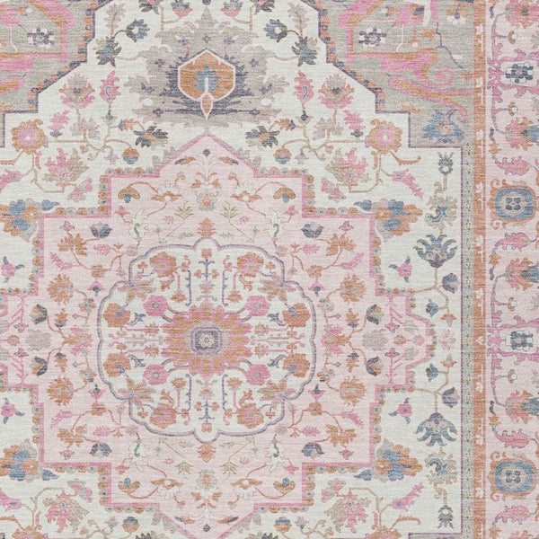 10 X 14 Pink Gray Oriental Polyester Area Rug Washable for Indoor Outdoor Use