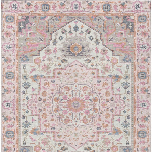 10 X 14 Pink Gray Oriental Polyester Area Rug Washable for Indoor Outdoor Use