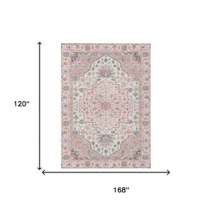 10 X 14 Pink Gray Oriental Polyester Area Rug Washable for Indoor Outdoor Use