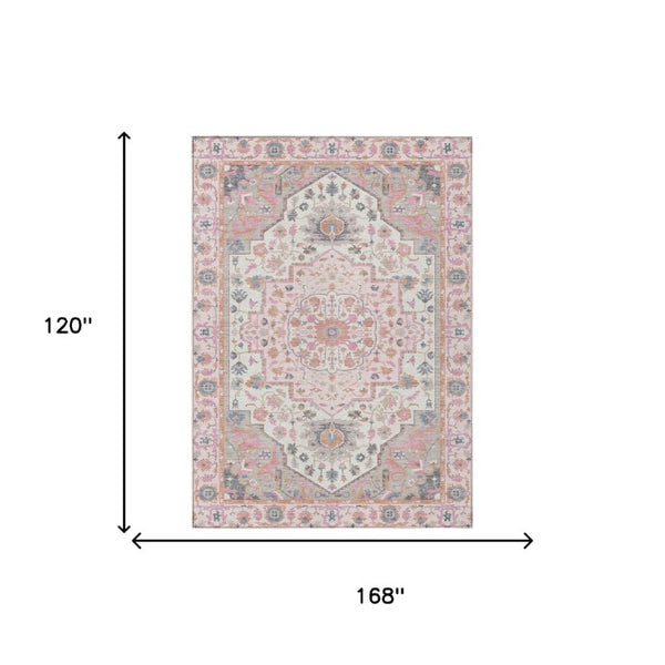 10 X 14 Pink Gray Oriental Polyester Area Rug Washable for Indoor Outdoor Use