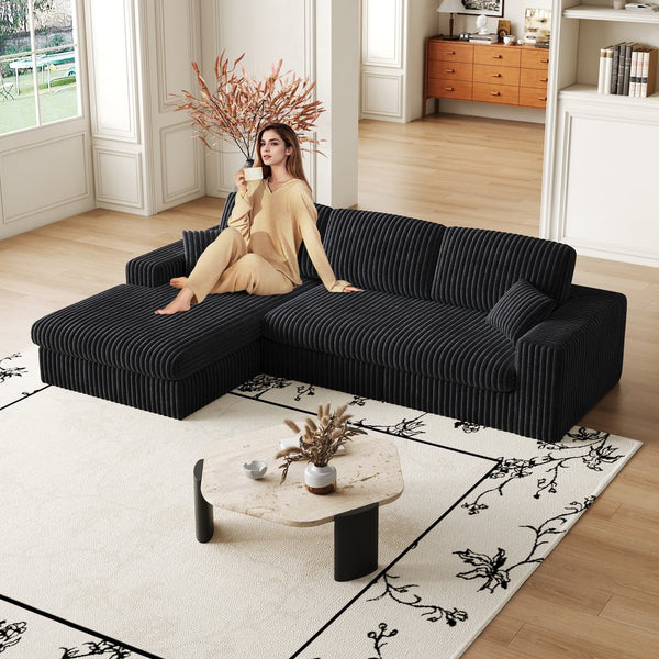 English Elm 114.5'Modern Corduroy Modular sofa with reversible chaise, slow-rebound foam cushions and versatile L-shape seating Black W834S00458