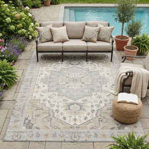 5x8 Oriental Polyester Area Rug Silver Fern Green Stain Resistant Indoor Outdoor