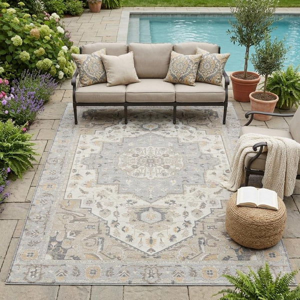 5x8 Oriental Polyester Area Rug Silver Fern Green Stain Resistant Indoor Outdoor