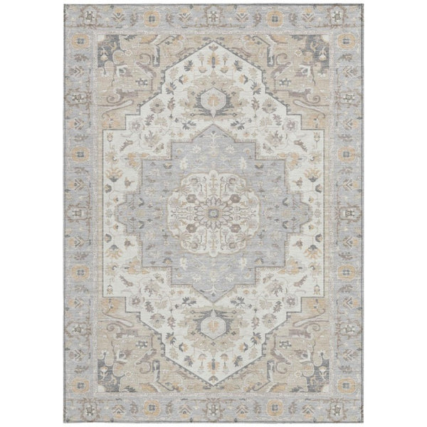 5x8 Oriental Polyester Area Rug Silver Fern Green Stain Resistant Indoor Outdoor