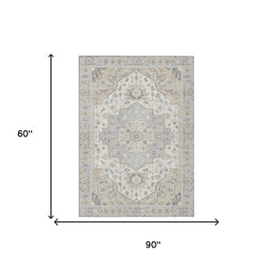 5x8 Oriental Polyester Area Rug Silver Fern Green Stain Resistant Indoor Outdoor