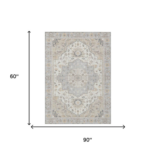 5x8 Oriental Polyester Area Rug Silver Fern Green Stain Resistant Indoor Outdoor
