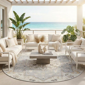 8 Foot Round Oriental Polyester Area Rug for Indoor Outdoor Patio and Family Rooms