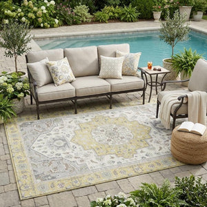 5 X 8 Wheat Taupe Oriental Polyester Area Rug Washable for Indoor Outdoor Use
