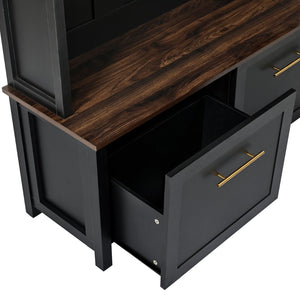 English Elm On-trend Entryway Hall Tree with Gold Hooks Bench Drawers and Shoe Cabinet Storage Black N721S000056B-1