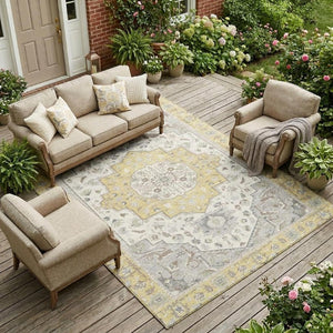 9 X 12 Wheat Taupe Oriental Polyester Area Rug Washable for Indoor Outdoor Use