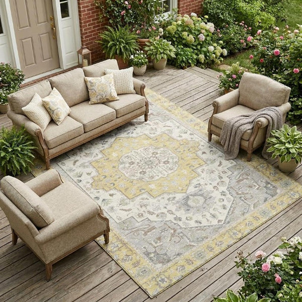 9 X 12 Wheat Taupe Oriental Polyester Area Rug Washable for Indoor Outdoor Use