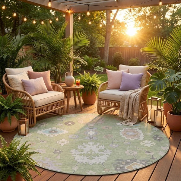 8 Ft Round Oriental Polyester Area Rug for Indoor Outdoor Spaces Washable