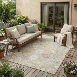 5 X 8 Ivory Gray Oriental Polyester Area Rug Stain Resistant Indoor Outdoor Use