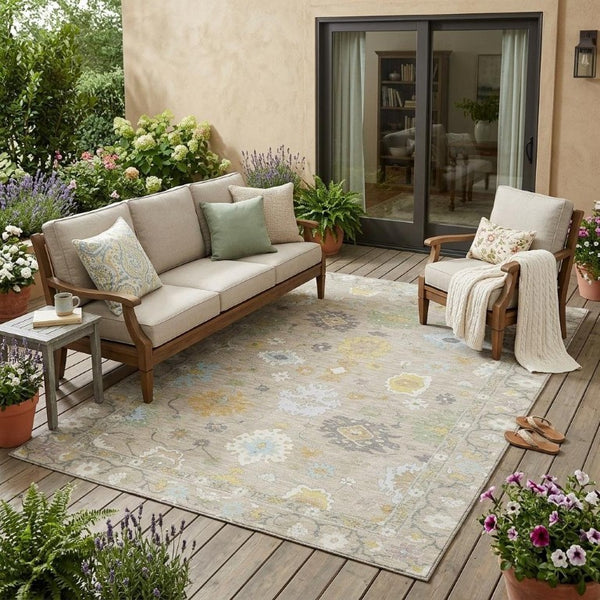 5 X 8 Ivory Gray Oriental Polyester Area Rug Stain Resistant Indoor Outdoor Use
