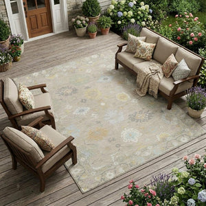 8x10 Ivory Gray Oriental Polyester Area Rug Stain Resistant for Patio or Living Room