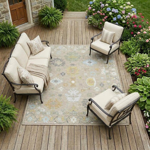 9x12 Ivory Gray Oriental Polyester Area Rug Washable Stain Resistant Indoor Outdoor