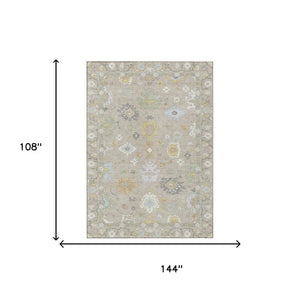 9x12 Ivory Gray Oriental Polyester Area Rug Washable Stain Resistant Indoor Outdoor