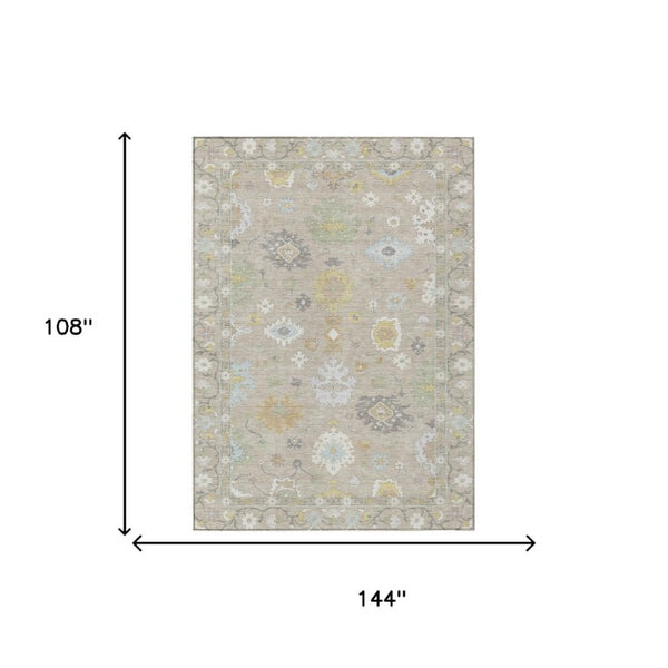 9x12 Ivory Gray Oriental Polyester Area Rug Washable Stain Resistant Indoor Outdoor