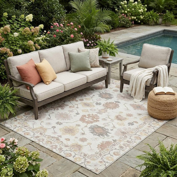 5x8 Ivory Sky Blue Oriental Polyester Area Rug Washable Stain Resistant Indoor Outdoor