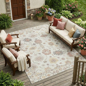 8x10 Ivory Sky Blue Oriental Polyester Rug Washable Stain Resistant Indoor Outdoor