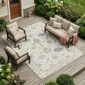 9 X 12 Ivory Blue Oriental Polyester Area Rug Stain Resistant Indoor Outdoor Use
