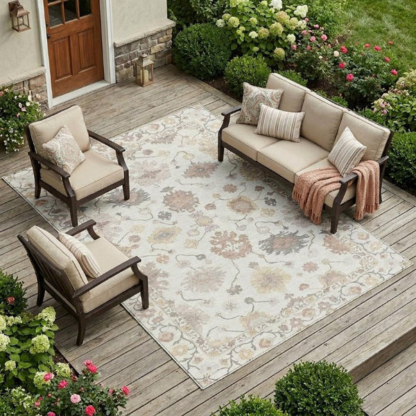 9 X 12 Ivory Blue Oriental Polyester Area Rug Stain Resistant Indoor Outdoor Use