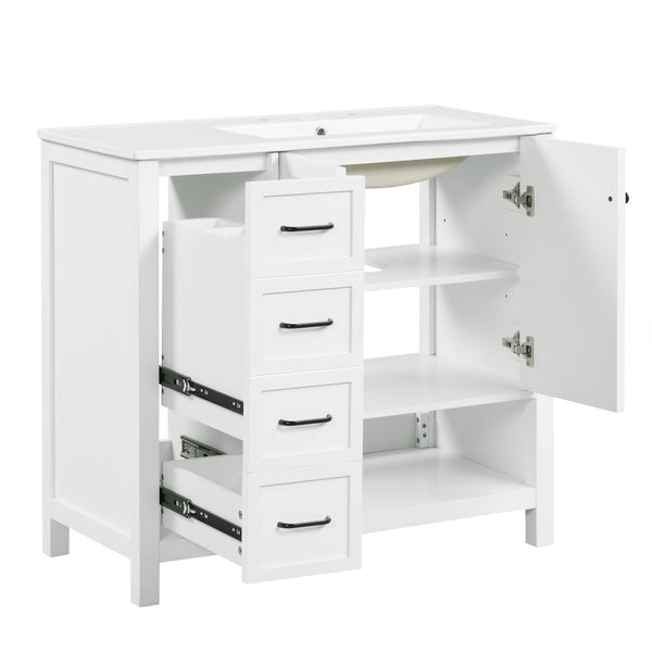 English Elm 36" Freestanding Bathroom Vanity Solid Wood Mdf Cabinet Ceramic Undermount Sink Open Shelf White N725P364203K