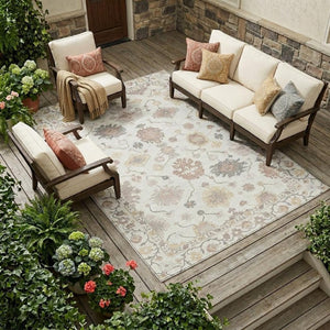 10 X 14 Ivory Blue Oriental Polyester Area Rug Washable for Indoor Outdoor Use