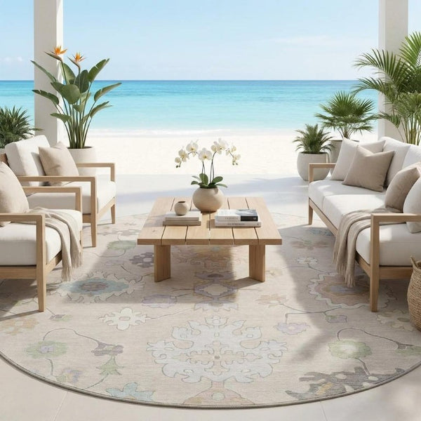 8 Ft Round Oriental Polyester Indoor Outdoor Rug Stain Resistant Patio Accent