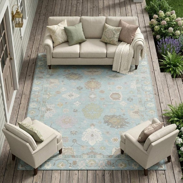 9x12 Sky Blue Copper Oriental Polyester Area Rug Stain Resistant Indoor Outdoor