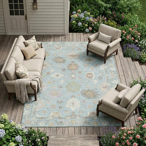 10 X 14 Sky Blue Copper Oriental Polyester Rug Stain Resistant Indoor Outdoor Use