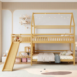 English Elm Full Bunk Bed with Trundle Bookshelf Storage Pine Frame Car Design for Kids Natural W1580S00303