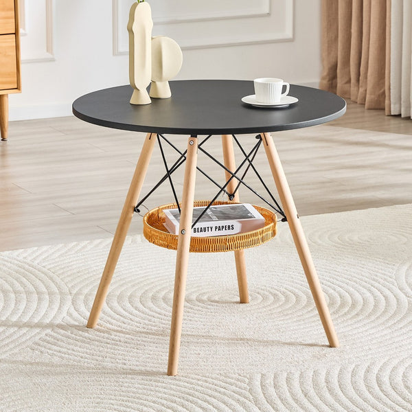 English Elm 31.5-inch Round Dining Table Solid Legs Woven Basket Storage Compact Modern Minimalist Black,Wood W1151P431132