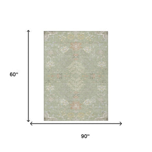 5 X 8 Oriental Polyester Area Rug Washable Indoor Outdoor Stain Resistant Green