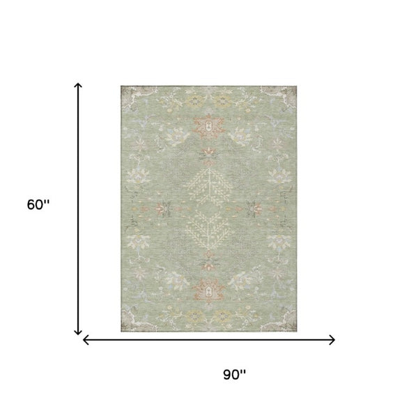 5 X 8 Oriental Polyester Area Rug Washable Indoor Outdoor Stain Resistant Green