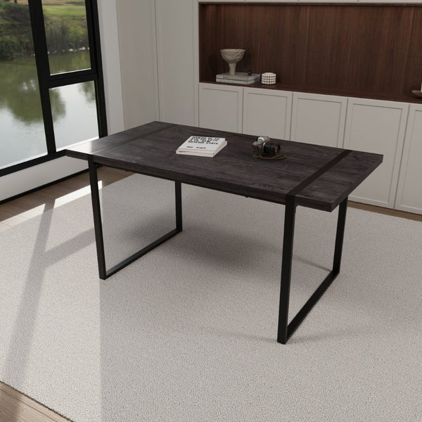 English Elm 59" Industrial Dining Set with Suede Chairs Matte Metal Base Mdf Table Seats Four Black+Grey W2189S00939
