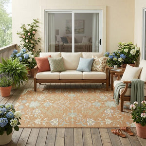 5 X 8 Copper Ivory Oriental Polyester Area Rug Stain Resistant Indoor Outdoor